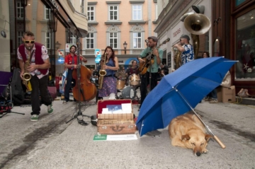 Band macht Musik auf der Straße und ein Hund liegt davor unter einem Regenschirm